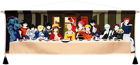Hanging Poster Canvas Wall Art Painting of Anime Characters Cartoon Role Tapestry Last Supper Layout Scene Wall Tapestry With 2 Tassels And Wooden Hanging Rod Movie Manga For Room Decor