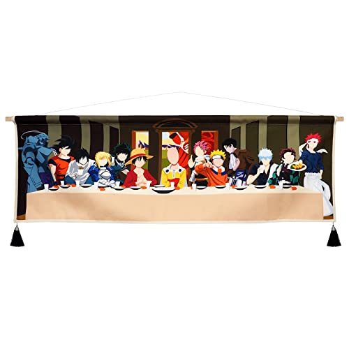 Hanging Poster Canvas Wall Art Painting of Anime Characters Cartoon Role Tapestry Last Supper Layout Scene Wall Tapestry With 2 Tassels And Wooden Hanging Rod Movie Manga For Room Decor