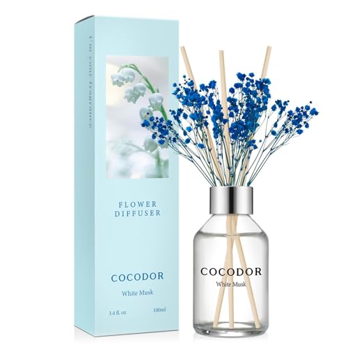 Image of COCODOR Flower Reed Diffuser Set / 3.4oz / White Musk /Scent Diffuser with Sticks Home Fragrance Reed Diffuser for Bathroom Shelf Decor