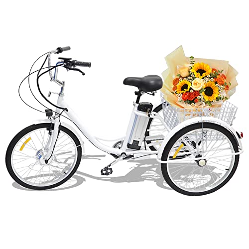 OTIGA Adult Electric Tricycle, 24 inch Adult Trike 3 Wheel Cruiser Bike, 5 Speed, Pedals Forward, with Cargo Basket,3 Wheel Adults Electric Bikewith LCD Speed/Electricity/Mileage Display,White