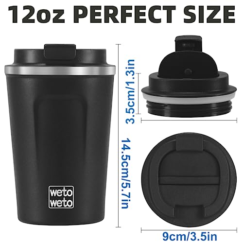 Image of WETOWETO 12 oz Stainless Steel Insulated Tumbler, Spill Proof Coffee Travel Mug with Lid, Reusable Coffee Cups with lids, Portable Coffee Mug Thermal Cup for Keep Hot Ice Drink, (Black)