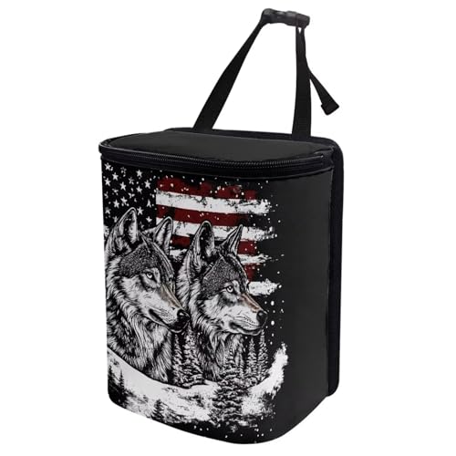 Image of Talayituse Wolf American Flag Print Car Trash Bin, Large Size Auto Trash Can Adjustable Portable Garbage Can with Lid, Vehicle Hanging Bag for Headrest Front Back Seat