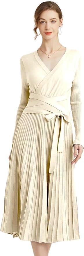 Image of Women's Long Sleeve Sweater Dress Ankle Length Fall Dress Vneck Knit Winter Dress