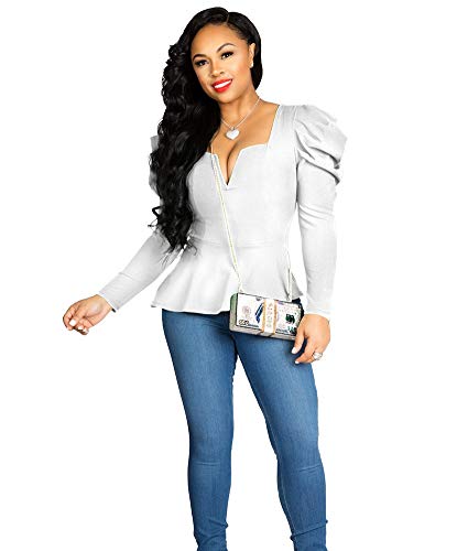 OLUOLIN Womens Elegant V Neck Puff Sleeve Tunic Tops Belted Wrap Dressy Shirt Blouse White