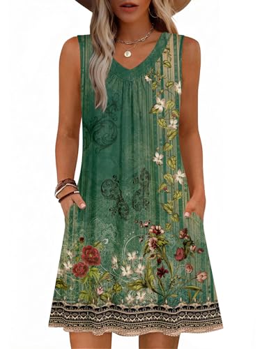 Image of Zeagoo Summer Dresses for Women 2026 Sleeveless Dress V Neck Tank Dress Pleated Floral Tshirt Sundresses with Pockets