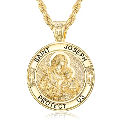 Fathers Day Jewelry Gifts St Joseph Medal 14K Gold Plated Saint Joseph Pendant Necklace Medalla De San Jose Protection Jewelry Confirmation First Communion Necklace Catholic Christian Religious Gifts for Men