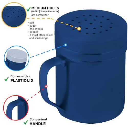 Image of CUSINIUM 6oz Navy Blue Stainless Steel Salt Pepper Dredge Shakers - With Plastic Cap - With Handle - Pack of 2
