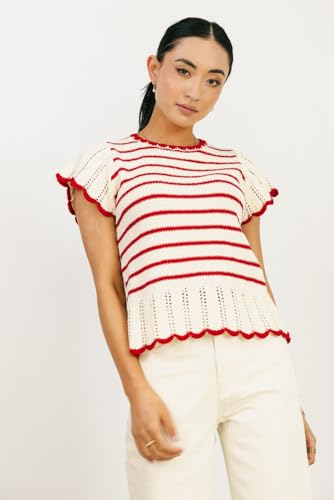 VAOYIU Women's Striped Breeze Crochet Top Cap Sleeve Ruffle Edges Knit Sweater Vest Casual Summer Fashion Cute Shirt2