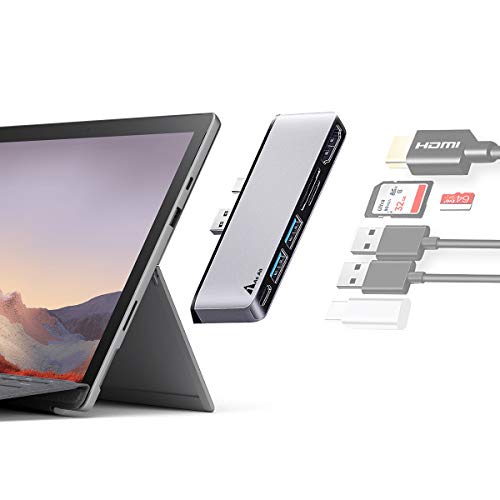 Surface Pro 7 Hub Docking Station, 1ASALL USB C Hub Adapter for Surface Pro 7, USB A and USB C Port Converter with 4K HDMI, SD TF Card Reader, USB-C 5Gbps Data Port, and 2 USB 3.0 Ports. (Silver)