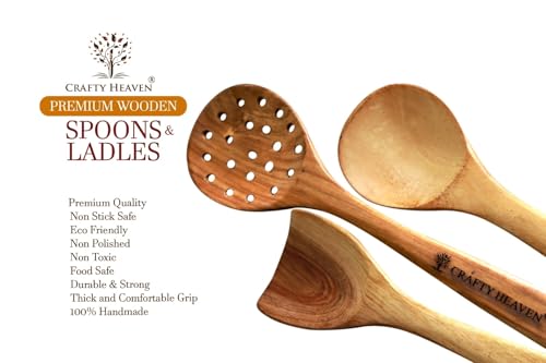 Image of Neem Wooden Handmade Cooking Spoon Utensils Compact Flip Frying Ladles Turning Spatula Oil Spreader Nonstick Safe Non Toxic Kitchen Tools Gift (Without Holder /Stand) Set of 7