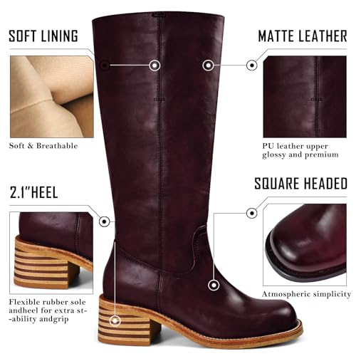 Image of UBWDU Women's Knee High Boots Chunky Block Heel Long Boots Square Toe Low Heel Boots for Women
