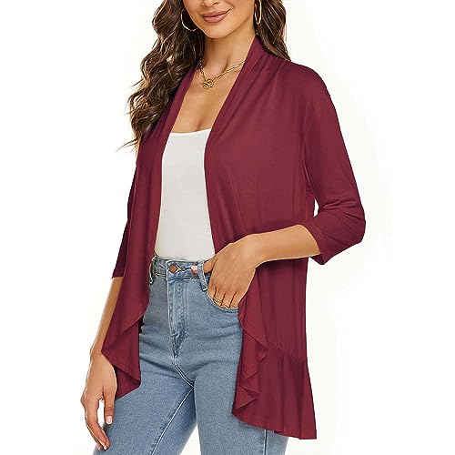 Image of Womens Lightweight Cardigan Open Front Cardigans Soft Draped Ruffles 3 /4 Sleeve Cardigan (S-3XL)