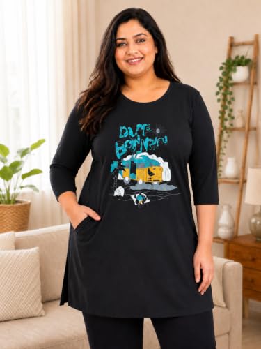 Image of RYSH Women's Plus Size Printed Nightshirt | Round Neck | 3 /4 Sleeve | Relaxed Fit Long Nightwear Top |