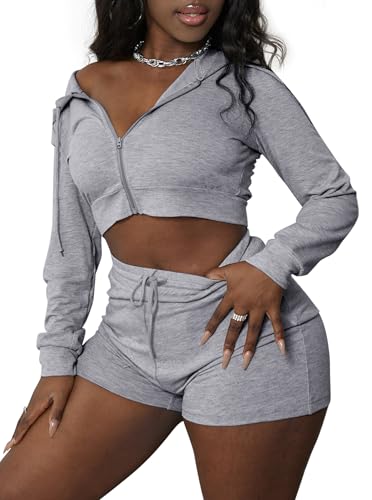 LovelyWholesale Women 2 Piece Outfits Long Sleeve Crop Zipper Hoodie and Shorts Tracksuit Set4