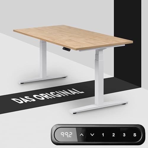 boho office® Höhenverstellbarer Schreibtisch 180 x 80 cm - Elektrisch stufenlos, Memoryfunktion, Kollisionsschutz - Basic Line Weiß inkl. Tischplatte in Wildeiche