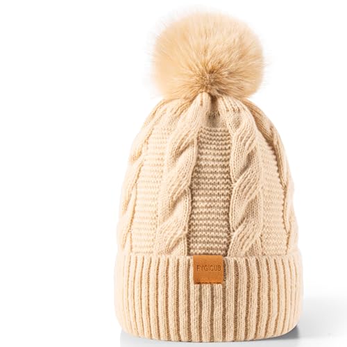 Fygicub Women's Winter Beanie Warm Hat,Thermal Fleece Lined Knit Cap, Thick Cable Slouchy Soft for Ski Cold Weather Beige