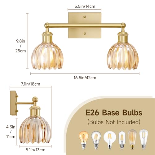 Image of 2 Light Bathroom Vanity Lights Over Mirror,Vintage Wall Sconce,Antique Brass Bathroom Light Fixtures,Tulip Sconces Wall Lighting with Amber Thick Glass Shade for Bedroom Living Room, E26 Base