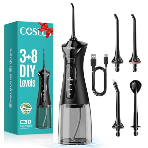 COSLUS Irrigatore orale: 4 modalità WaterFlosser 300 ml serbatoio acqua doccia orale, nero2 COSLUS Irrigatore orale: 4 modalità WaterFlosser 300 ml serbatoio acqua doccia orale, nero2