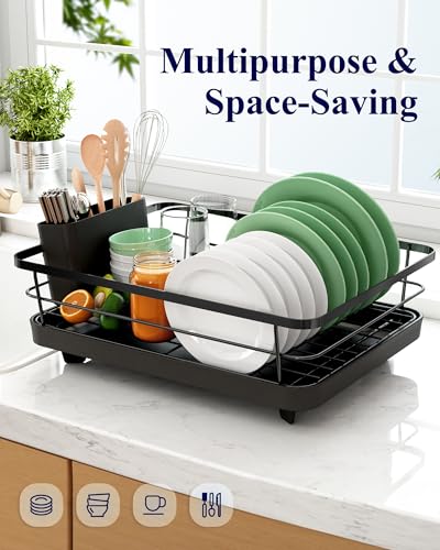 Kitsure Dish Drying Rack for Kitchen Counter, Stainless Steel Sink Organization and Storage Essentials with Cutlery Holder, Home and Appartment Decor, 12''W x 15.5''L, Black