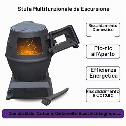 Stufa a legna multifunzionale in ghisa per cucinare e riscaldare, ideale per aree rurali e uso multicombustibile