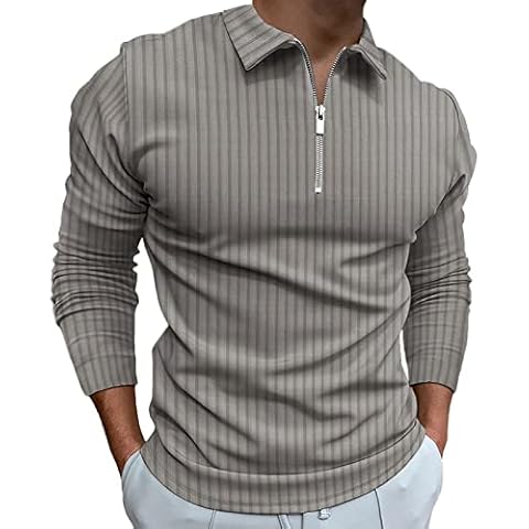 Polo Shirts for Men Golf Shirts Long Sleeve Zip Up Lapel Business Smart Casual Tops Henley V Neck Rugby Dark Grey XL Cover