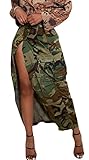 CHARTOU Women Camouflage Skirt Camo Maxi Pencil Skirt Bodycon Button Slit Cargo Skirt with Pocket (Large,Army Green)
