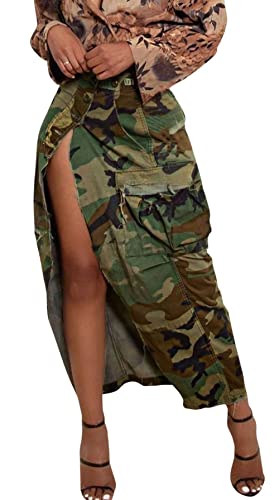 CHARTOU Women Camouflage Skirt Camo Maxi Pencil Skirt Bodycon Button Slit Cargo Skirt with Pocket (Large Army Green)