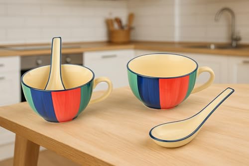 Image of HS Hindustani SAUDAGR Saffron Indigo Delight Ceramic Bowl Set of 2(300ml Each) Soup Bowl with Handle & Spoon Microwave Safe Bowls katori Ideal for Snacks Rice dal Desserts and Gifting
