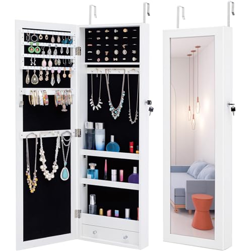 MATONELL Full Length Mirror Jewelry Cabinet Wall Door Mounted Jewelry Armoire Cabinet Fashion Simple Jewelry Storage Mirror Cabinet Can Be Hung On The Door Or Wall Jewelry Organizer Storage White