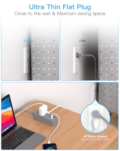 Image of 5Ft Extension Cord with Multiple Outlets, Flat Plug Power Strip Surge Protector with 5 Ft Long Cord, 6 Outlet 4 USB Ports (2 USB C), Multi Outlet Wall Plug for College, Dorm Room Essentials(Grey)