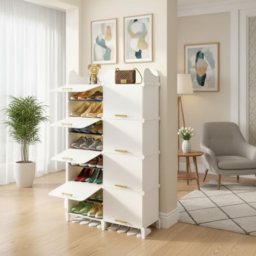Image of Sunderlook Shoe Rack Plastic for Home- Slipper Stand, Professional Shoe Stand, Chappal Stand, Multipurpose Foldable Standing Comfort Runner Shoe Rack with Door (Cream White, 16 Shelf 8 Door)