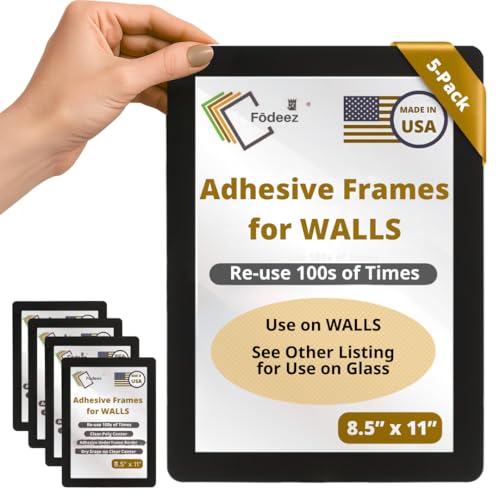 Fodeez 8.5 x 11 Adhesive Wall Frames - Peel & Stick Picture Frames Wall Sign Holder Paper & Letter Protector Sheets Reusable Dry Erase Non Magnetic & Non Acrylic - Black Pack of 5