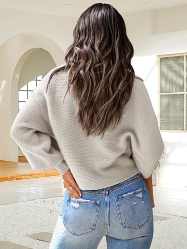 Mutitop Womens V Neck Oversized Sweater Collared Batwing Long Sleeve Ribbed Knit Pullover Casual Fall Chunky Sweater Top2