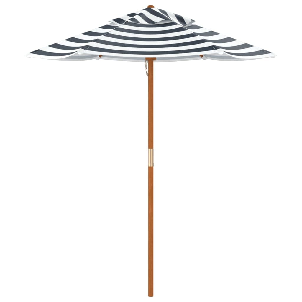 Ombrellone con palo in legno, diametro 120 x 140 cm, piccolo ombrellone da giardino blu e bianco, rotondo con 6 stecche in legno, per terrazza, giardino e tavolo da picnic