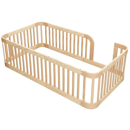 Image of Bellemave Twin Size Floor Bed Frame with High Fence,Solid Wood Kids Montessori Floor Bed Twin Size for Kids Girls Boys,Rounded Corner Design,Natural