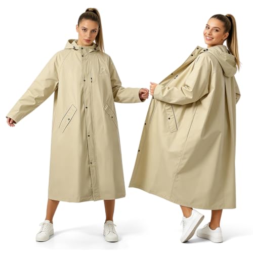 Image of PALAY Raincoat for Women Waterproof Full-Length Hooded Rain Poncho Beige Oversized Long Rain Jacket with Snap-Button&Pockets Trench-Style Rainwear for Hiking, Travel, Motorcycle Riding