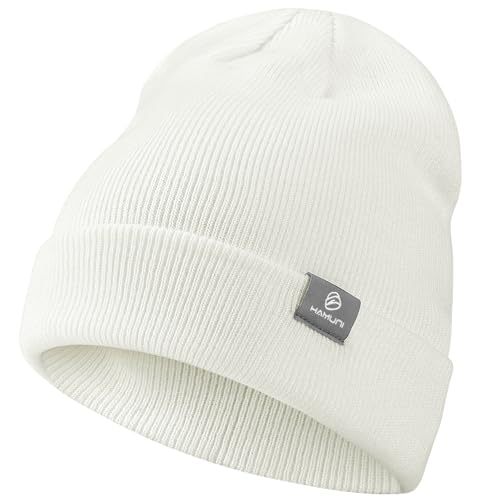 HAMUNI Beanie Mütze für Herren Damen Winter Warme Beanies Unisex Klassische Wintermützen Strickmütze Dehnbare Weiche Acryl Beanie Hat Vintage Einfarbig Strickmütze (Weiß)
