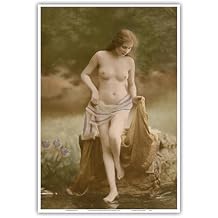 Woman by the Lake - Female Au Naturel Figure Study - Vintage German Risque Hand-colored Postcard by NPG - Neue Photographische Gesellschaft c.1910s - Master Art Print Unframed 13in x 19in
