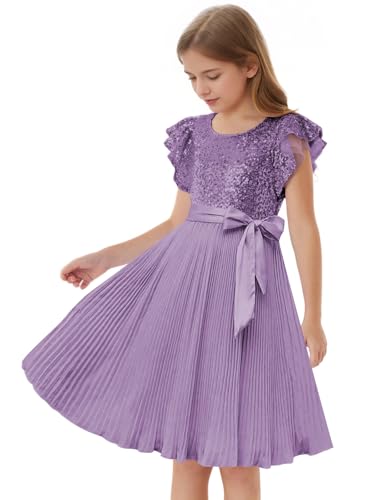 Cap Sleeve Sequin Mini Girls Dress with Bow Knot Crewneck A Line Chiffon Formal Party Dress