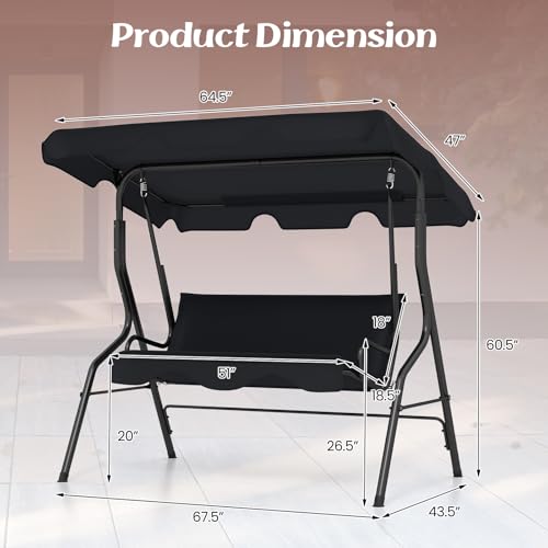 Image of Tangkula 3 Person Porch Swing, Patio Swing with Removable Cushion & Powder-Coated Steel Frame, Outdoor Swing with Canopy for Porch, Backyard, Garden, Balcony (Black)
