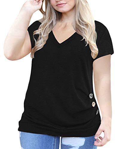 Plus Size Shirts for Women 3X Summer V Neck Tops Buttons Tee Black 24W