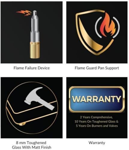 Hindware IVANA 4B 90 CM | Built in Hob With Flame Failure Device | Frost Glass with Golden Coated SS Strips | Gold Metallic Finish & Jet Black Knobs - Image 5