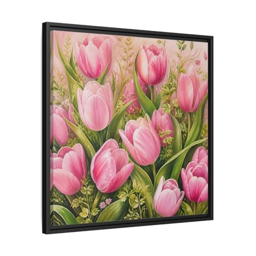 Tableau tulipes roses vintage encadré 60x60 cm pour salon