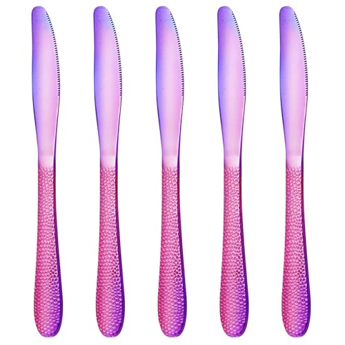 Image of 9 inch Hammered Rainbow Dinner Knives | 5-Piece Premium Stainless Steel Flatware Set of Steak Knives | Elegant Dishwasher-Safe Cutlery for Home, Restaurants, and Gifting
