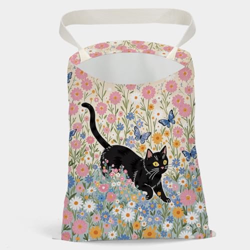 VYXVYX Car Trash Bag, Car Trash Bag Hanging, Country Style Design Hanging Drawstring Adjustable Buckle, SUV, Camping Road Trips, Cute Prints，Pink Flowers Black Cat 12 x 10 inches