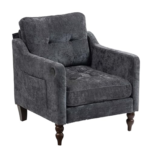 Small Accent Chair Comfy, Reading Chairs for Adults with Side Storage, Ergonomic Armchair with Wide Backrest, Room Chairs with USB Charging Port Living Room Apartment Bedroom (Dark Grey)