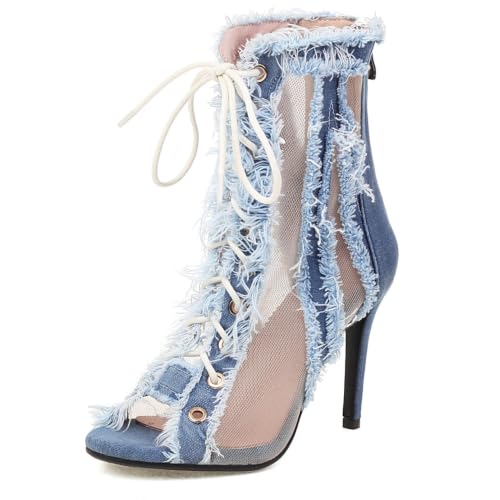Bottines mi-mollet en maille jean effiloché de soirée avec talon stiletto élégant