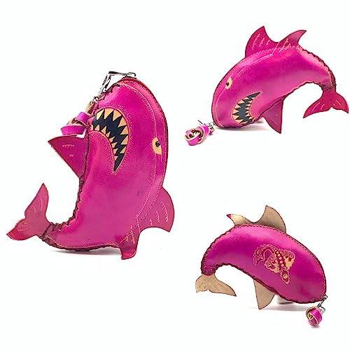 Handmade Genuine Leather 3D Animal Shark Coin Purse with Removable wrist strap (Pink)4