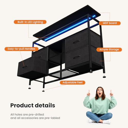 Sweetcrispy TV Stand Dresser for Bedroom 4 Drawers Entertainment Center with LED Lights and Power Outlets Media Console for 50 Inch TV Living Room Furniture with Open Shelf Adjustable Feet, Black