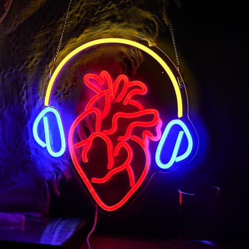 Image of Heartbeat Melody Neon Sign USB Heart LED Signs Headphone Music Neon Light Sign Wall Decor for Bedroom Bar Gifts for Musicians Lovers Gamers